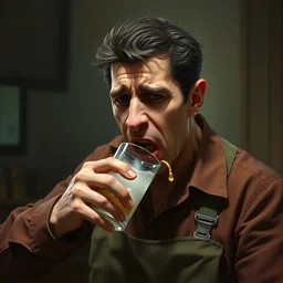 a frustrated worker chews glass because of his previous team, by nicoletta ceccoli, mark ryden, lostfish, hyung tae, frank frazetta, hyper realistic, artstation, illustration, digital paint, matte paint, detailed.