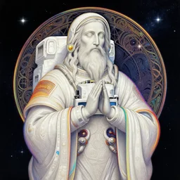 a matte painting of a cosmic astronaut sage with a rainbow colored outline, intricate, elegant, illustration, digital painting, 8 k, fine detail, art by greg rutkowski, jack kirby, albert aublet, frank herbert, and alphonse mucha