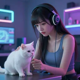 beautiful cybergirl playing with a white cute cat in the neon room photorealistic, blade runner movie, digital art, highly detailed