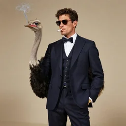 sony a 7 s studio photo of an ostrich man in a suit smoking a cigarette ralph lauren ad