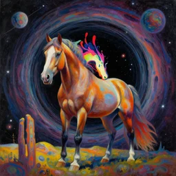 psychedelic portrait painting of a horse emerging from a black hole in space