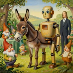 painting of a robot mule, at a gnome garden party, by salvador dali, rene magritte, high quality, 8 k