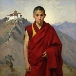 sienna portrait of the astute monk crimson and sienna robe ascending the mountain to the monastery paro taktsang jamie wyeth james gilleard edward hopper oil painting