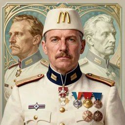 close up portrait of colonel sanders, decorated civil war veteran, many medals by artgerm, cushart krenz, greg rutkowski, mucha. art nouveau. gloomhaven, golden arches logo, pale colors, sharp edges. ultra clear detailed. 8 k. elegant, intricate, octane render