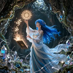 blue haired female casting a spell, floating sigils, floating runes, floating spellbook, flowing robes, in a cave with crystals on the walls, electric vines and swirls, octane render, fantasy, cinematic composition, dramatic lighting, trending, 8 k hd