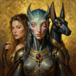 fantasy portrait oil painting, hybrid, amphibien, cory chase, bella hadid, halle berry, cybernetic atlantean anubis warrior, penetrating hypnotic eyes, francois boucher, william - adolphe bouguereau, michael cheval, steampunk, hyperdetailed, volumetric golden dappled dynamic lighting, highly detailed, cinematic lighting, unreal engine, 8 k, hd