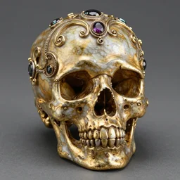 baroque skull, scrollwork, gold, silver, precious gems