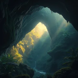 an award winning digital artwork of a lush prehistoric jungle cave being a portal into a dream land, stunning, washed out colors, professional, master level composition, volumetric lighting, haze, sunset, photorealistic