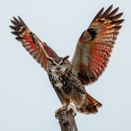 spotted eagle owl hugging a red winged startling