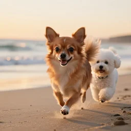 a cute brown long haired chihuahua cocker spaniel chases a white bichon frise across the beach. sunset, surf. brightly lit. closeup photograph. unreal engine