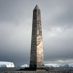 a obelisk in antarctica. overcast sky, grainy.
