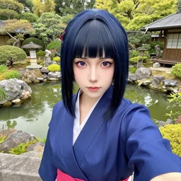 Hinata Hyuga cosplayer in a japanese garden, hdr iphone selfie, focus, sharp, aesthetic