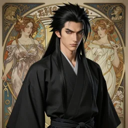 demon martial artist, handsome japanese demon boy, young adult yokai with long spiky black hair, vampire, vantablack gi, simple clothes, ultra realistic, intricate details, highly detailed, subsurface scattering, photorealistic, octane render, 8 k, art by artgerm, greg rutkowski, magali villeneuve, alphonse mucha