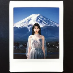 a instax photo of fuji mountain, a tall japanese girl in a transparent sheer fabric dress against the background of fuji mountain, perfect faces, fine details, severe snow, full body shot, perfect symmetrical body, coherent symmetrical eyes, rule of thirds, by peter kemp, by monia merlo, hyperrealistic, hyperdetailed, octane render, 8 k