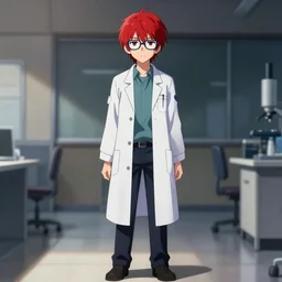 full body anime portrait of a cool emo red hair white glasses dressed in a lab coat cinematic highly detailed 4 k