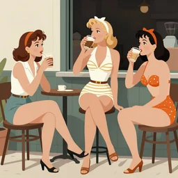 1950s adventure bikini girl drinking coffee with friends, character illustration. muted colors, by Jean-Baptiste Monge