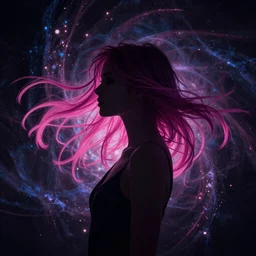 silhouette of a beautiful! elegant woman, 3 0 years, long pink dark purple hair, dynamic strands, retrowave color scheme, fractal chaotic dark, nebula background, by wlop, mucha and julie bell, artstation, deviantart, 8 k, emotion, bokeh, pouring effects