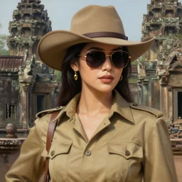 a smart and handsome and beautiful and elegant thai female dressed as hunter in armed, close - up portrait, with 6 0 s khaki western hat, khaki safari hunter costume, with sun glasses, ancient khmer ruin in background, intricate, elegant, loin cloth, highly detailed, oil painting, artstation, concept art, matte, sharp focus, illustration, hearthstone, art by earl norem