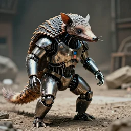 Cybernetic armadillo warrior, action movie, cinematic, Kodak 2383 film
