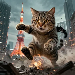 monster tabby cat attacking Tokyo, disaster movie poster, concept art by Ross tran, masterpiece, masterwork, artstation, cgstudio