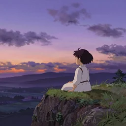 a young girl sitting in a fild on a cliff watching a purple sunset, wide shot, art by hayao miyazaki, studio ghibli film, hi res, 4k