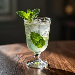 a glass of cocktail with mint leaf with circuit board paths. Digital art. Cinematic. Behance. High details. octane render