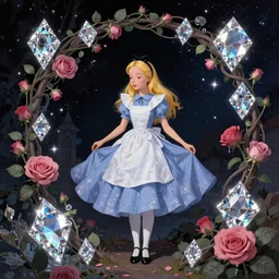Alice in Wonderland,Diamonds Blaze,Rose twining,out of time and space,dreamy, eternity, romantic,highly detailed,in the style of Franz Xaver Winterhalter, night lighting