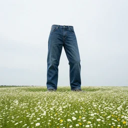 a giant jean arb sculpture in a meadow of daises, visible horizon, overcast day