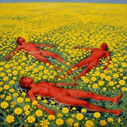 3 people in red desert drowning in a sea of yellow flowers, highly detailed, intricate, surreal, painting by Franz Marc, part by Yoji Shinkawa, part by Norman Rockwell, artstation