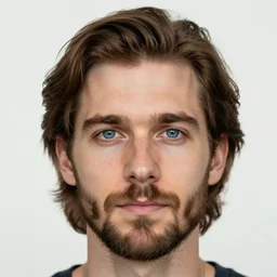 a realistic portrait of a 30 year old male with blue eyes, brown medium length hair, bushy eyebrows and short beard. 85mm portrait. photoreal. hq. detailed.