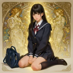 a digital concept art by artgerm and greg rutkowski and alphonse mucha. full body!! clear portrait of a squatting attractive japanese school girl in uniform!! sit on floor!! knee length stockings ， school bag, light effect. hyper detailed, character concept, glowing lights!! intricate, elegant, digital painting, artstation, smooth, sharp focus