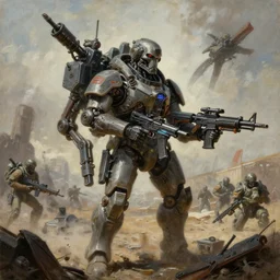 grim oil portrait painting of weaponized high technology, army on battlefield of la, destruction, weapons and crafts, futuristic dangerouse weapons, realistic shaded lighting, octaine rendering, wallpapper, magali villeneuve, trending on artstation