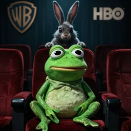 pepe frog sitting, film still donnie darko, scene in dark cinema with scary rabbit, high quality, hd, 4 k, warner, hbo, cinema frame, screenshot