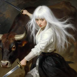 a young japanese princess lady with white hair and bangs!!!!, posing with a sword killing an ox, white hair highly detailed painting by gaston bussiere, craig mullins, j. c. leyendecker 8 k