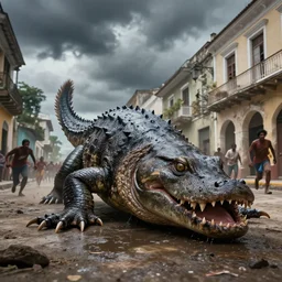 a gigantic monster on the floor that looks like a mixture of monk-fish with crocodile limbs, wet and slimy, with a very large mouth, dragging its enormous weight with effort on the street, is on the street of Jamestown in Santa Elena in 1815   there are some people fleeing in terror, photo-realistic, stormy sky, photo by national geographical