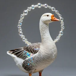 a proud goose made of dichroic iridescent materials with a bubbled foil halo, hyper realism, fantasy realism