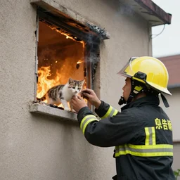 firefighter saving a kitten from a burning building