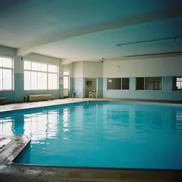 an overgrown abandoned indoor swimming, 35mm color film