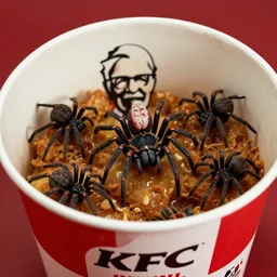spiders inside a kfc bucket, arachnophobia, horror element, food photography, gross, eww