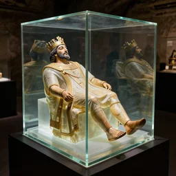 a completely transparent glass cube in which the king's body has been perfectly preserved. he is dressed in all casual regal garments. his body is beautifully preserved and the display is magnficent. the display is in the darkness of the catacombs and is beautifully lit, he has natural color and is posed in a relaxed way.