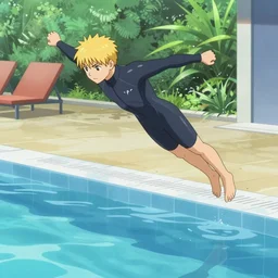 a blond lifeguard in a wetsuit jumping into the pool. Makoto shinkai. Repin. Phil Hale