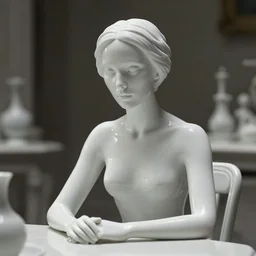 movie still of a woman made out of porcelain sitting at a table, smooth white skin, directed by Guillermo Del Toro