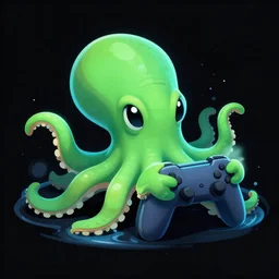 a acqua green little octopus playing videogames, black background, digital drawing, photoshop, high definition, gamer