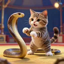 a cat clawn playing with a cobra snake in the circus HD photo superrealism 3d 8k resolution