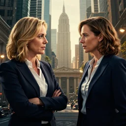 epic cinematic hyperrealism masterpiece where 2 business women appear talking. realistic poster with shaded lighting by craig mallismo, artgerm, jeremy lipkin and michael garmash, unreal engine, radiant light, detailed and complex environment, digital art, art station trends