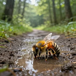 bee on a muddy track surrounded by woodland, with puddles, in the showering summer morning light, high resolution detailed realistic cinematic matte painting by raphael lacoste, andreas rocha, john harris, and david hocknet