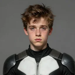 portrait of a man by greg rutkowski, he looks like tye sheridan, he is about 2 0 years old, messy brown hair, tired eyes, he is wearing a black and white keblar superhero gear, highly detailed portrait, digital painting, artstation, concept art, smooth, sharp foccus ilustration, artstation hq