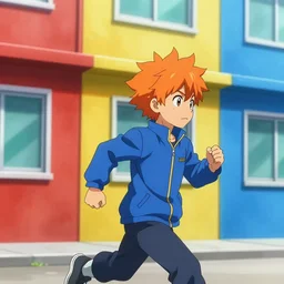 orange - haired anime boy, 1 7 - year - old anime boy with wild spiky hair, wearing blue jacket, running past colorful building, red - yellow - blue colored building, turquoise aquamarine windows, strong lighting, strong shadows, vivid hues, ultra - realistic, sharp details, subsurface scattering, intricate details, hd anime, 2 0 1 9 anime