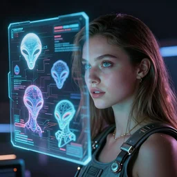 beauty young space woman merging in a hologram with alien artifacts, electrical case display, 80s Aliens tech, ultrarealistic, dramatic lighting, electrical details, high details, 4k, 8k, best, accurate, trending on artstation, artstation, photorealism, ultrarealistic, digital painting, style of Peter Mohrbacher and Boris Vallejo and Wayne barlowe