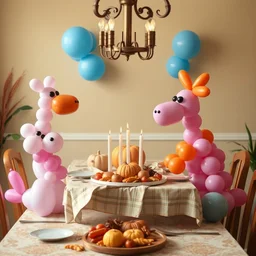 a family of balloon animals is about to eat thanksgiving dinner